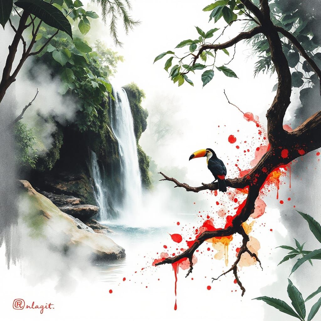 Surreal Rainforest Oasis in Vibrant Watercolor