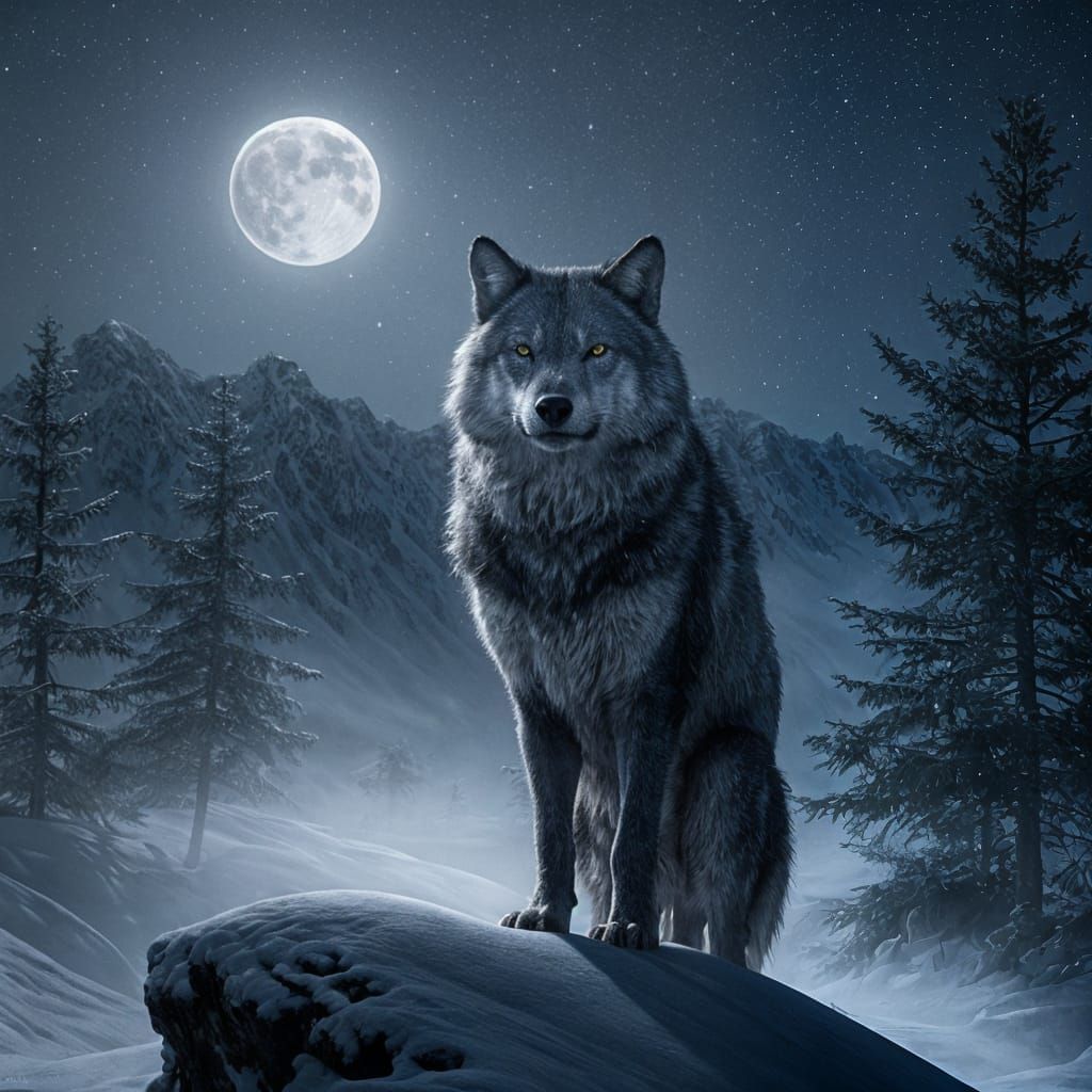 Lone Wolf Howling at Moon in Dramatic Landscape