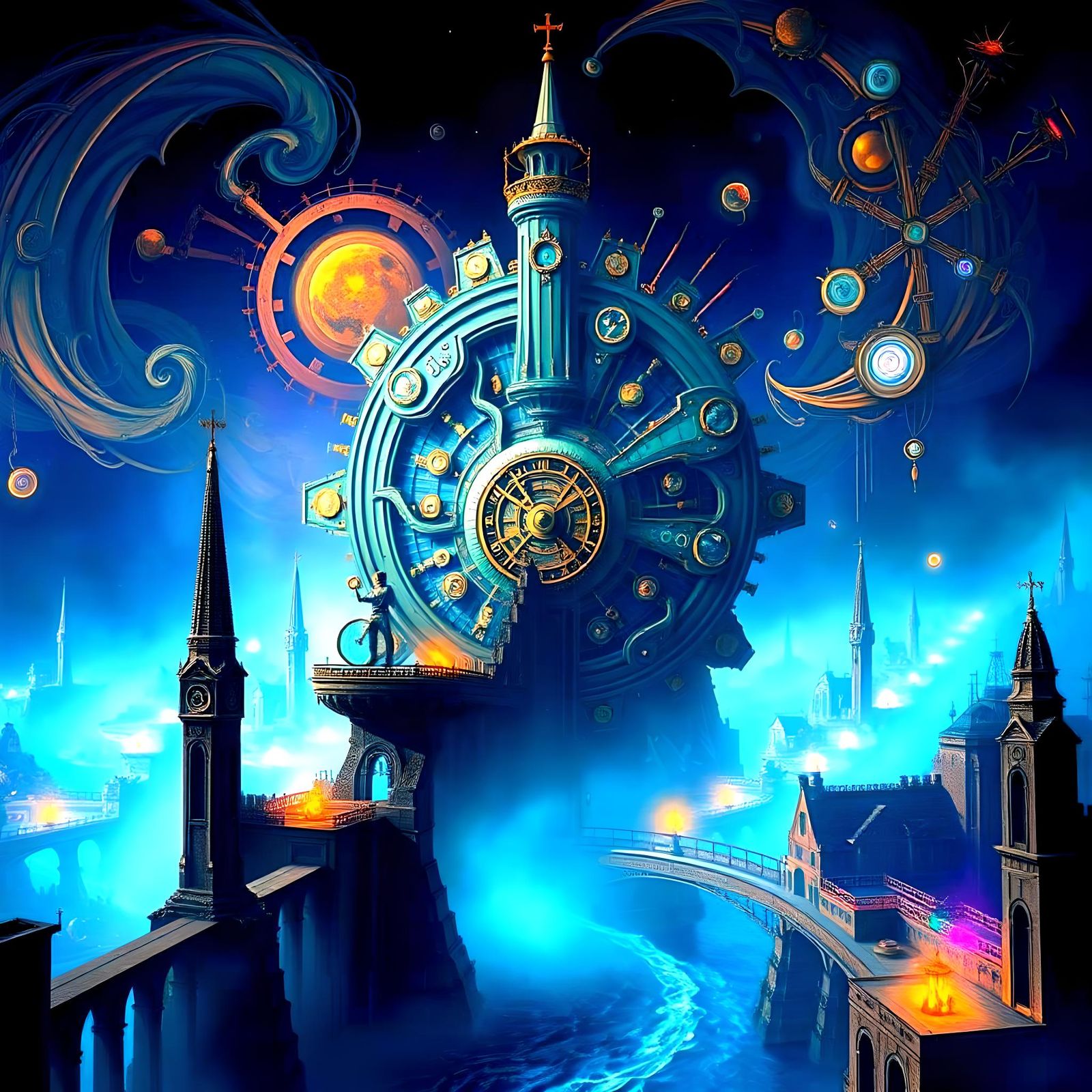 Aesthetic cult of huge futuristic machines in a landscape