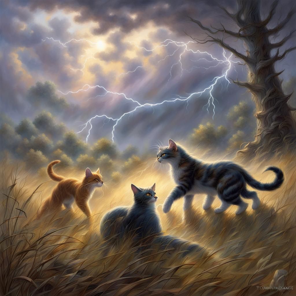 Epic Battle of Warrior Cats in Stormy Landscape
