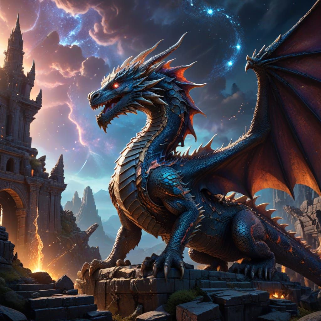 Celestial Dragon Surveys Ruined Kingdom in Fantasy Art