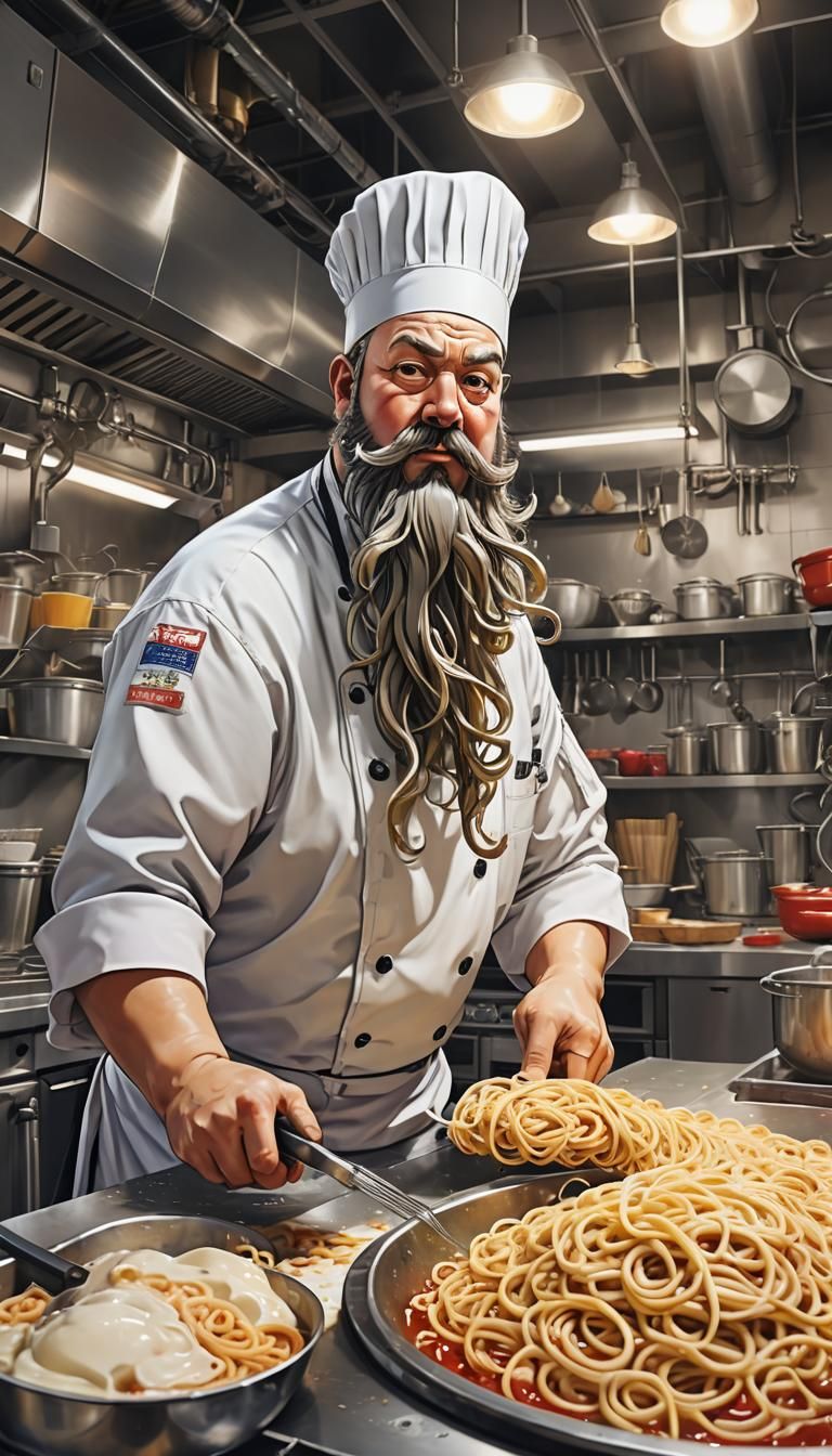 Anime Chef with Fettuccine Beard in Vibrant Kitchen