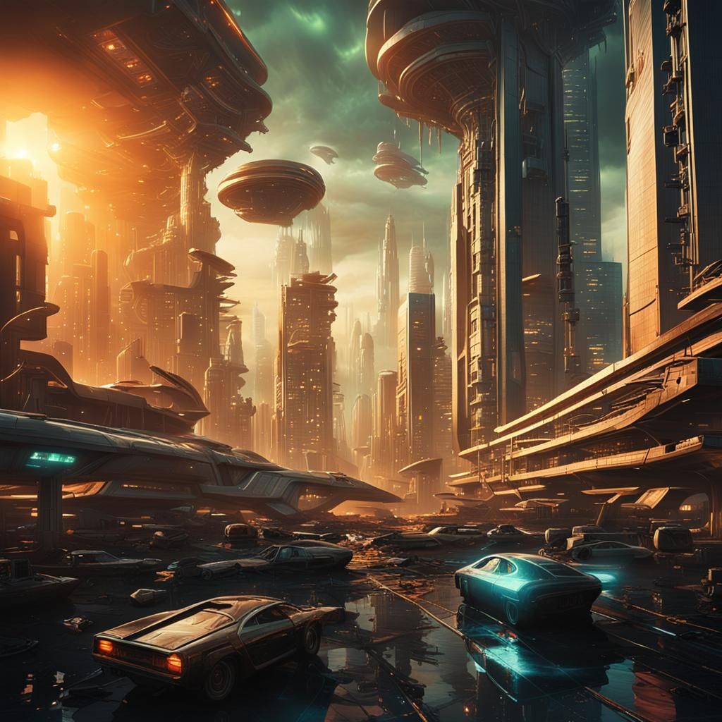 Alien Cityscape Ravaged by Windstorm: Cinematic Film Still