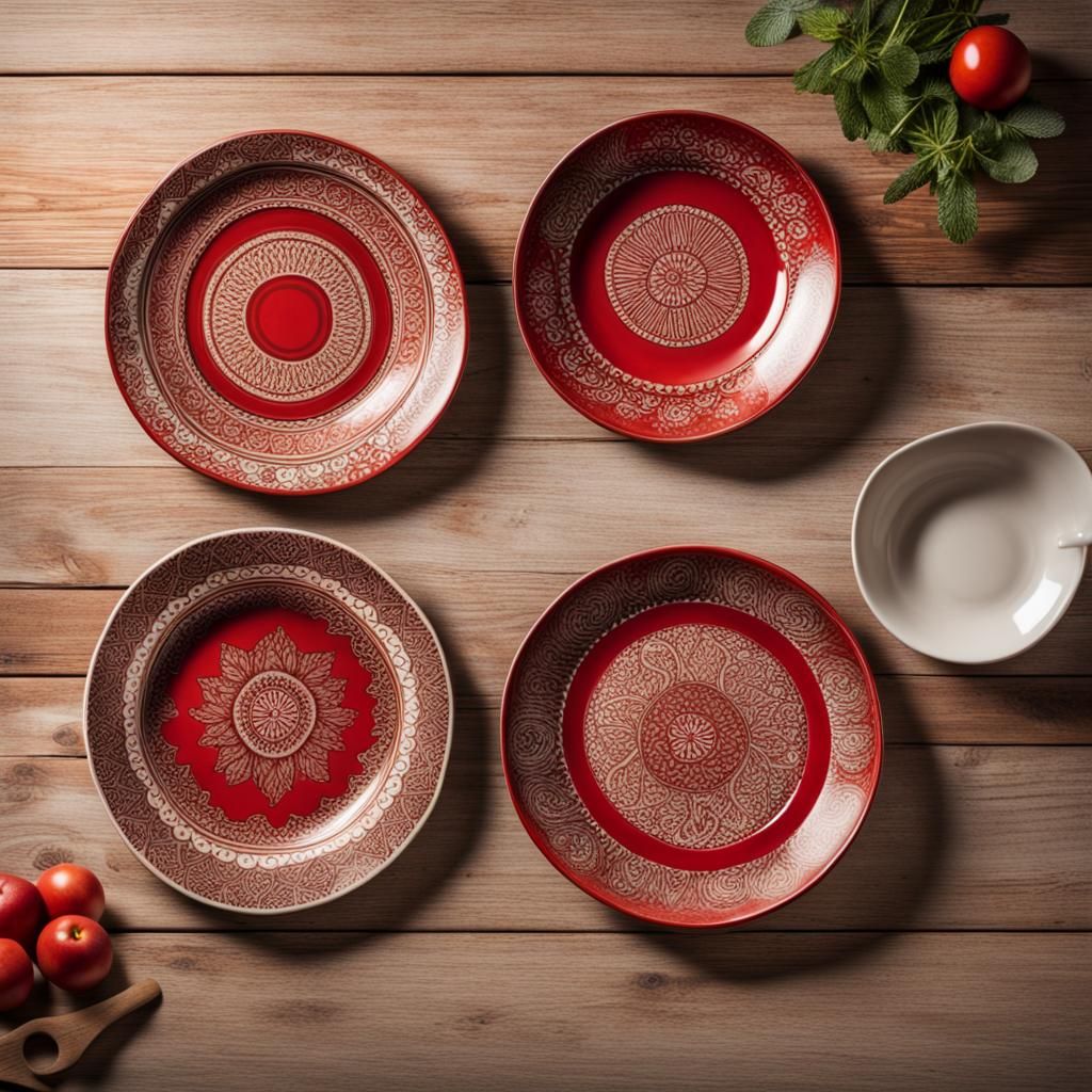 Ceramic Plates with Red Designs in Rustic Kitchen