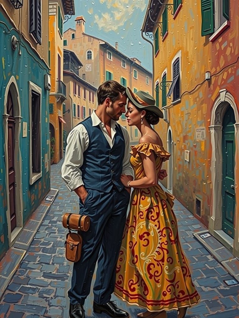 Romantic Italian Couple in Rome, Van Gogh Style