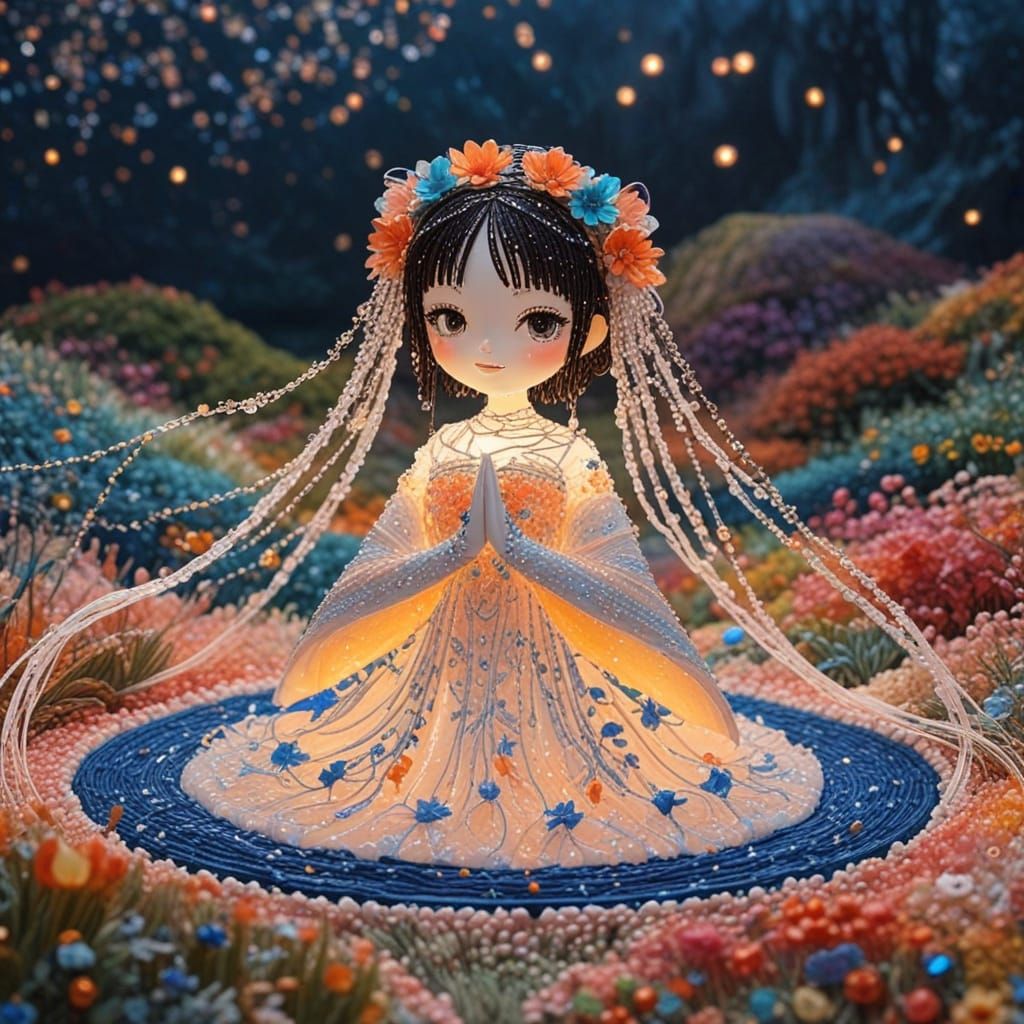 Ethereal Beaded Maiden in Glitch Art Landscape