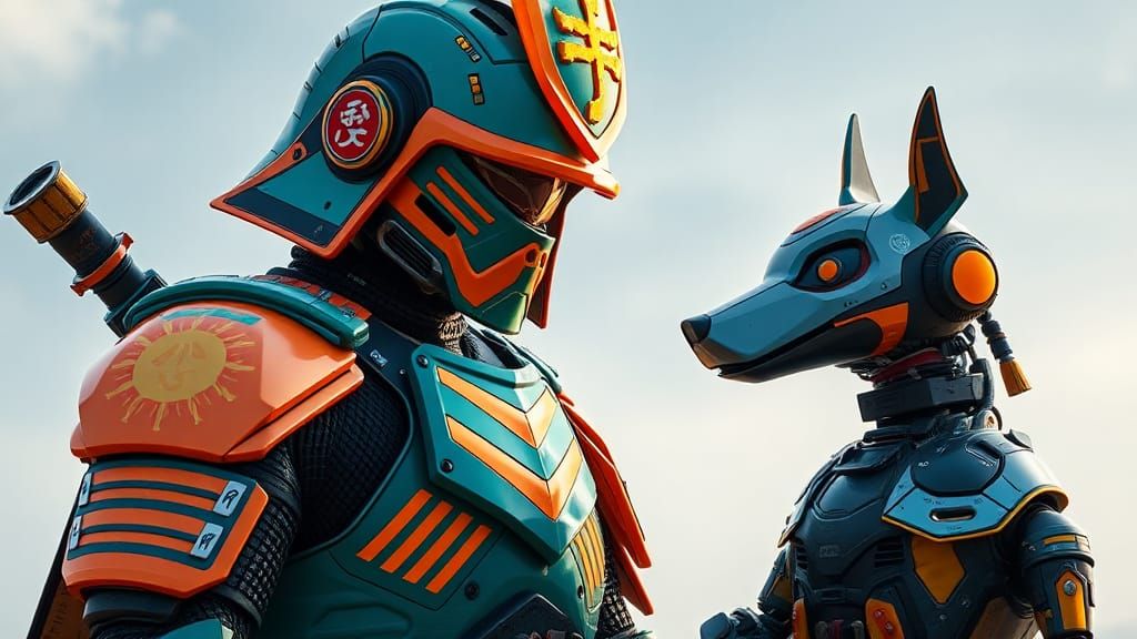 Futuristic Samurai with Robot Dog in Tech Armor
