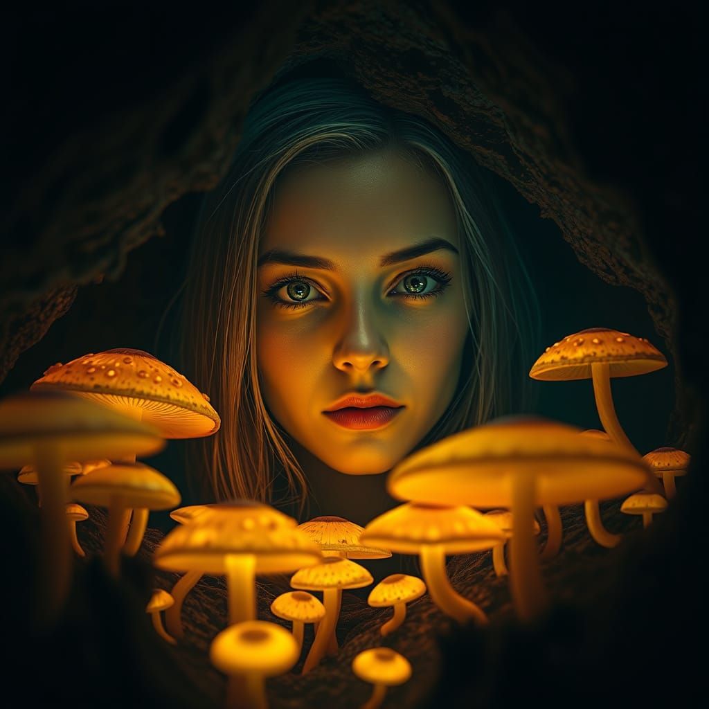 Bio-Luminescent Woman in Cave, Futuristic Art Style