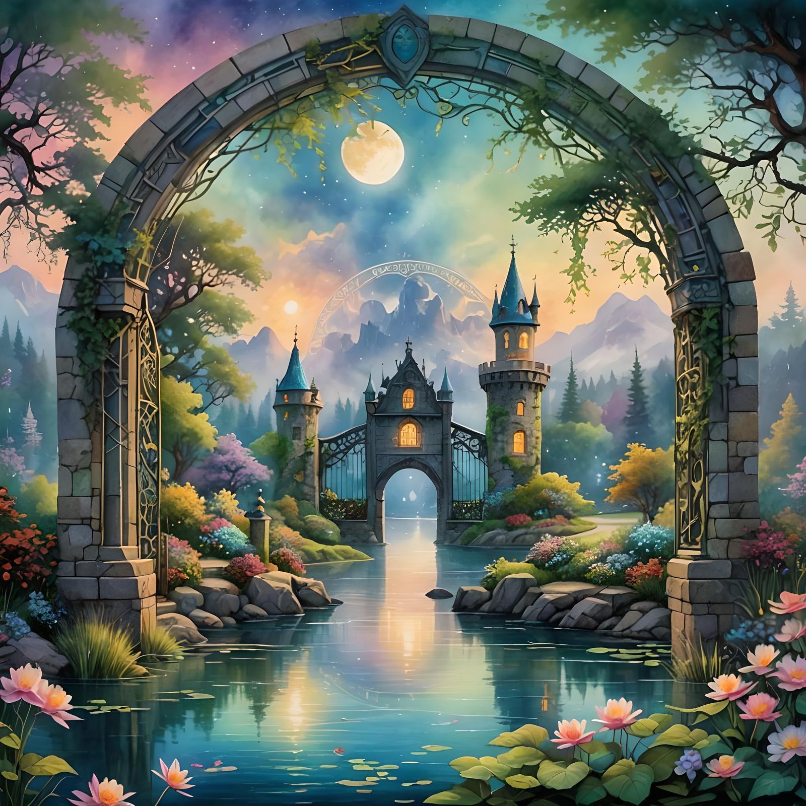 Romantic Lakeside Scene in Art Nouveau Style