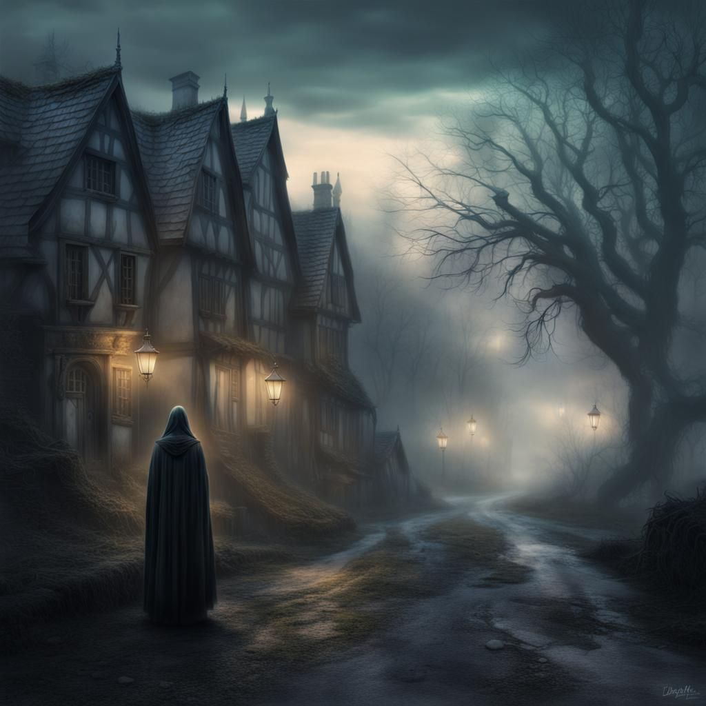 Eerie Ghostly Village in Ethereal Mist: Digital Art