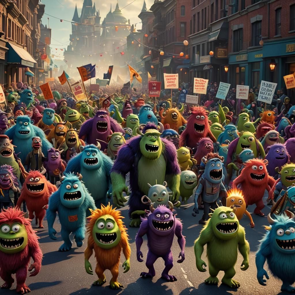 Monsters' Rights Protest: Epic 3D Digital Art