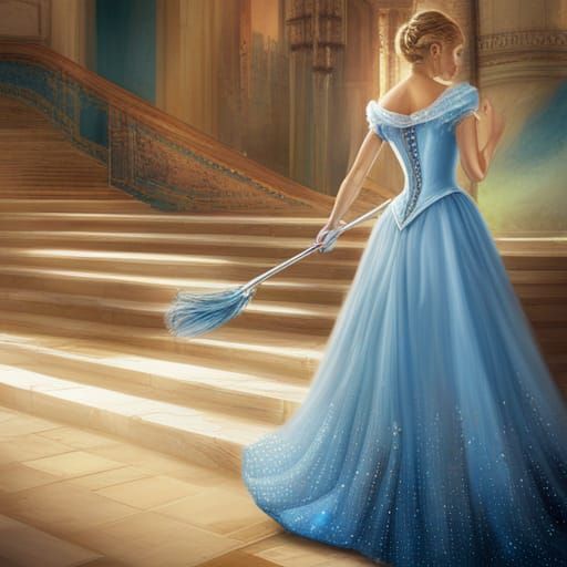 Cinderella Vacuuming in Blue Ballgown, Hyperreal Digital Art