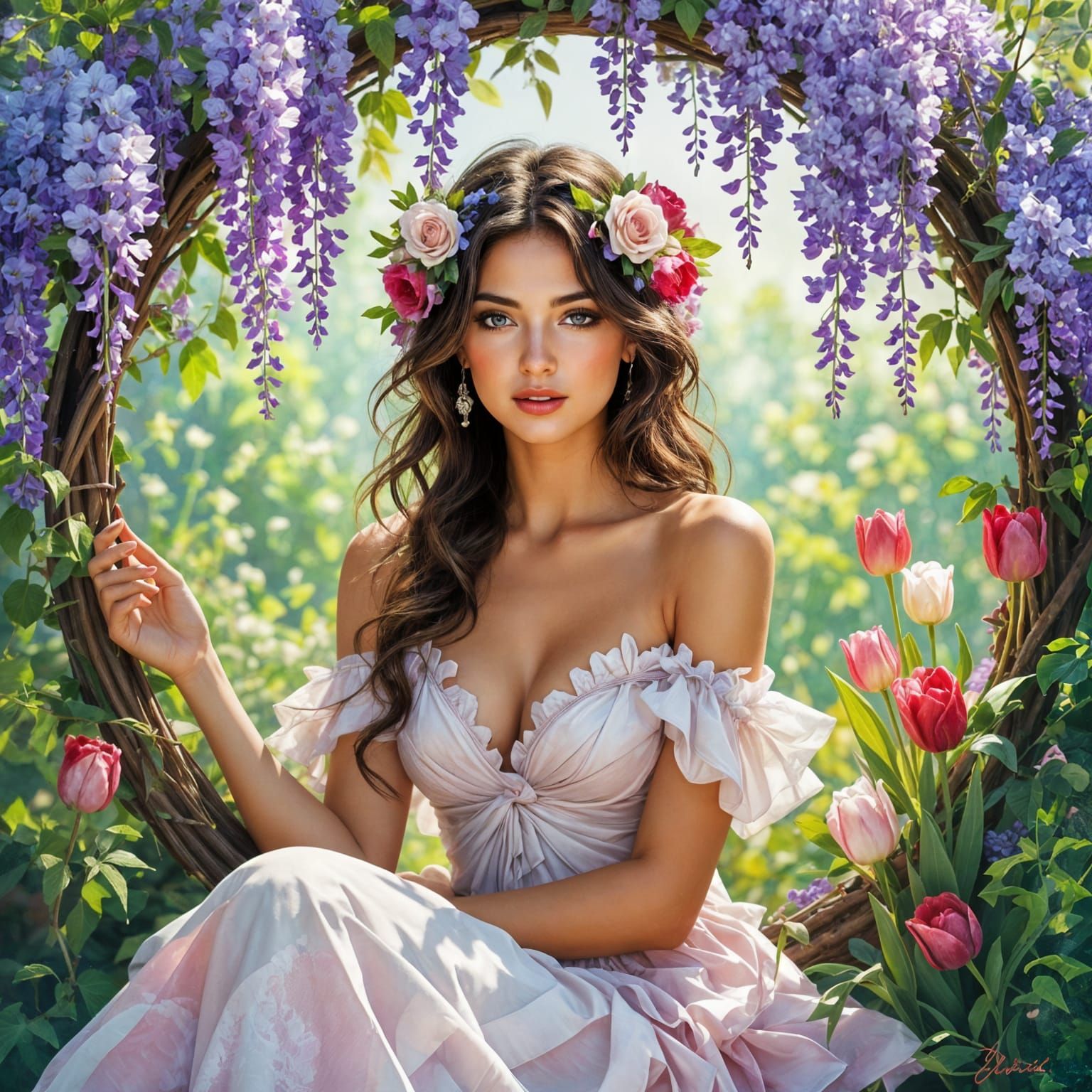 Stunning Flower Nymph with Wisteria Hair, Oil Painting