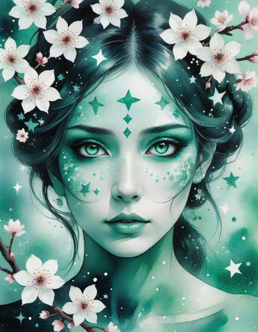 Gothic Woman with Jade Eyes in Watercolor Style