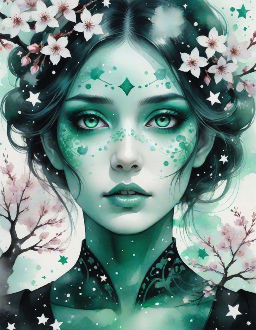 Gothic Woman with Jade Eyes in Watercolor Style