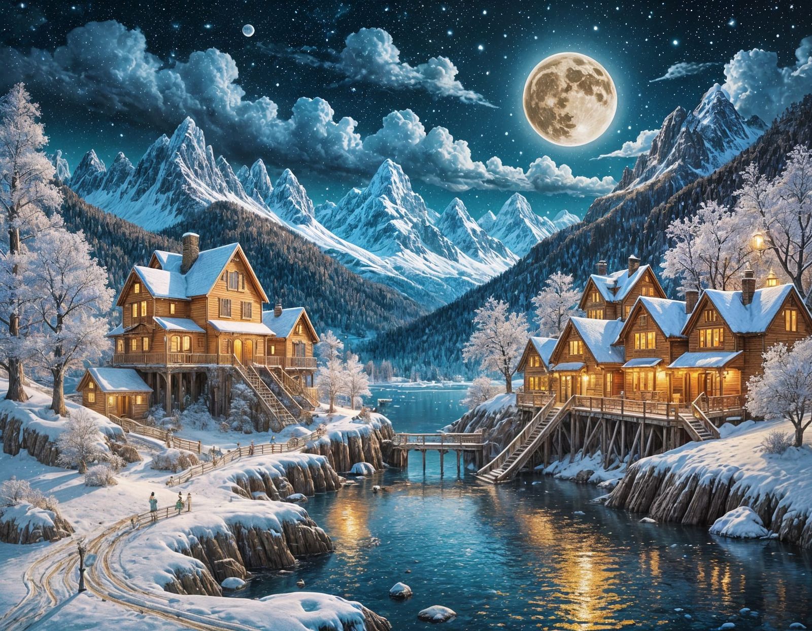 Intricate Golden Homes Amidst a Winter Wonderland in Cyberpu...