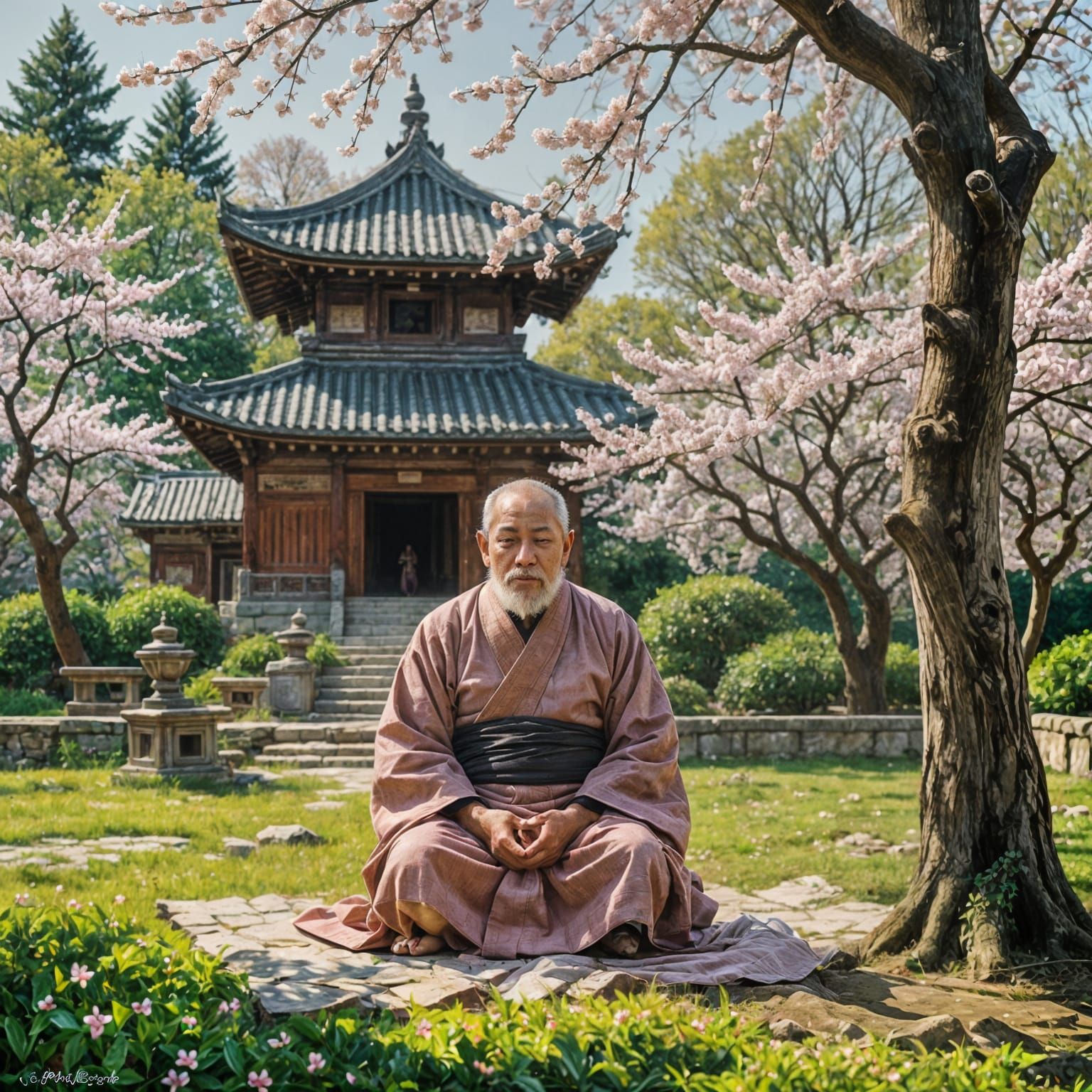 Monk in Temple Garden, Oil on Canvas