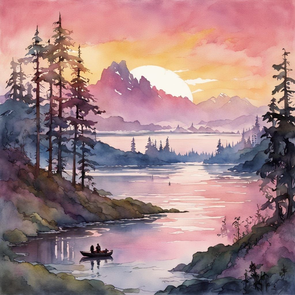Fantasy Chinook Estuary at Pink Sunset in Watercolour
