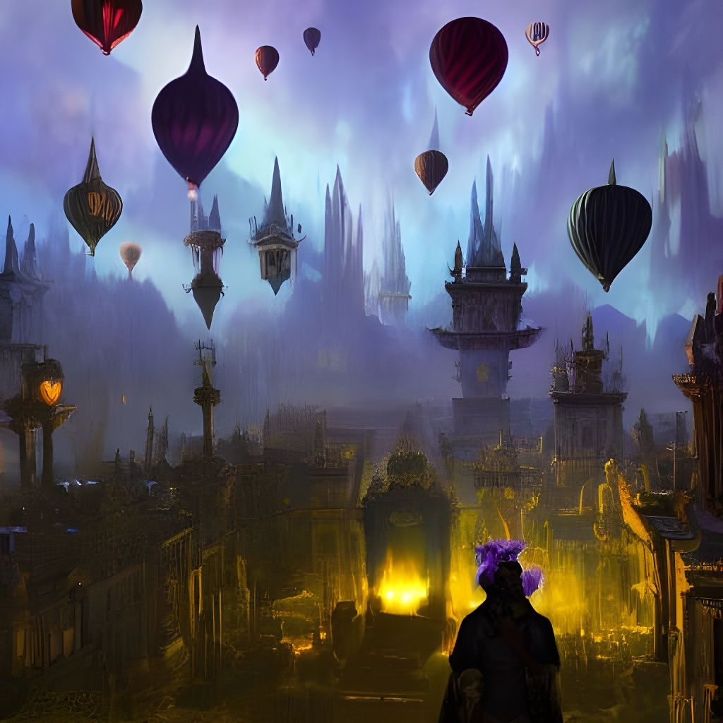 Dark Fantasy Floating Cities with Balloons