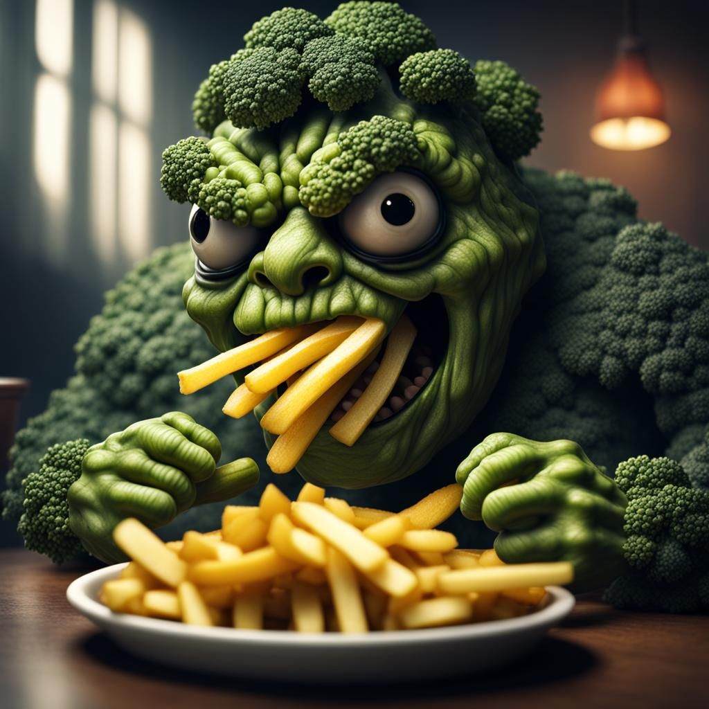Hyperrealistic Broccoli Monster Eating Fries in 4K