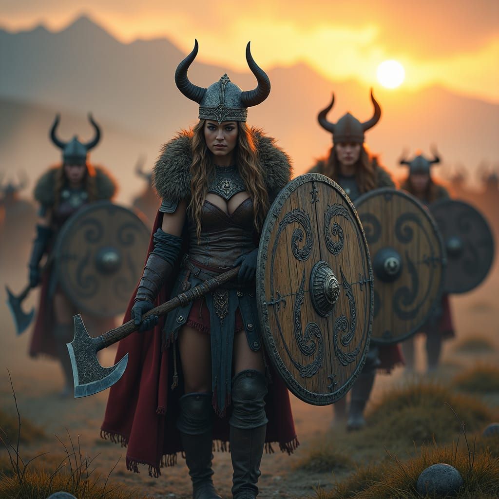 Viking Shield Maidens in Battle: Digital Art