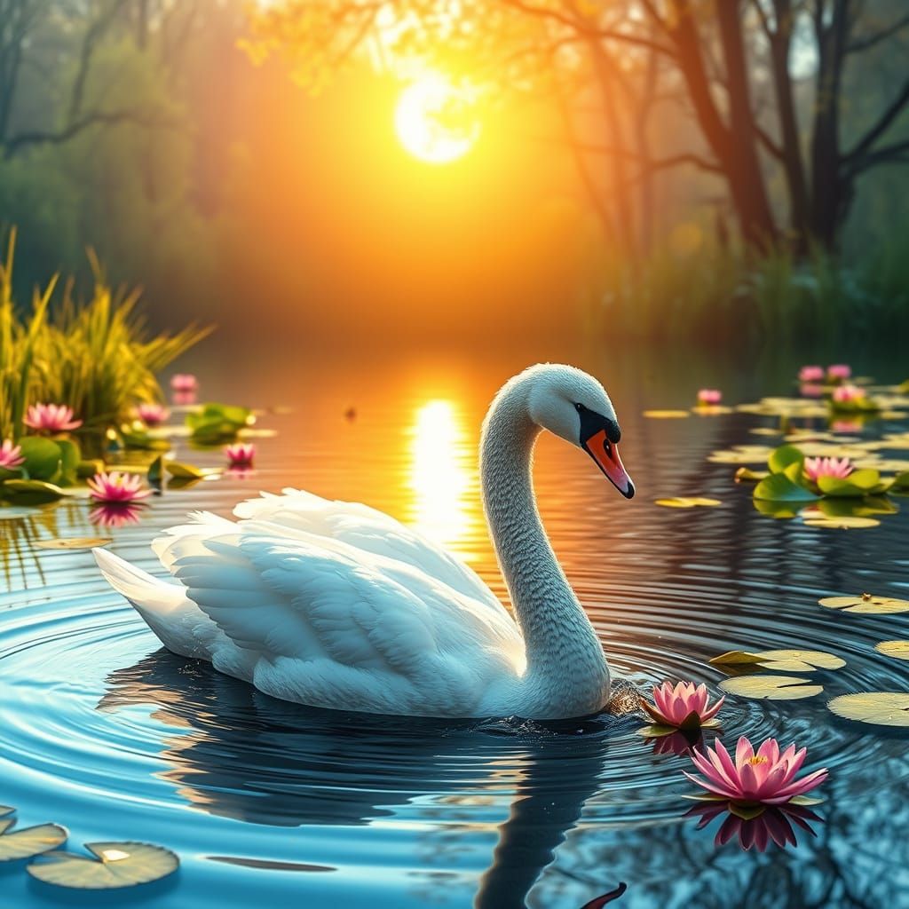 Springtime at a small lake with a pair of beautiful white sw...