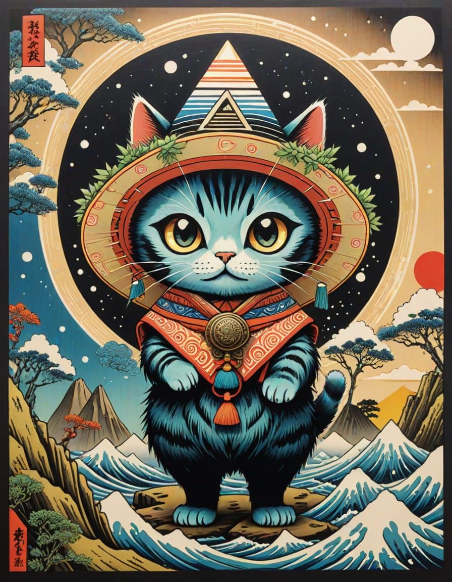 Ukiyo-E Woodcut of a Kawaii Cat Kaiju