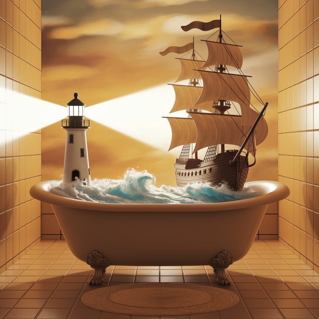 Miniature Lighthouse and Pirate Ship Bathroom Scene