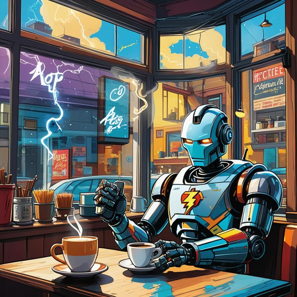 Robot Coffee Break: Vibrant Comic Book Art