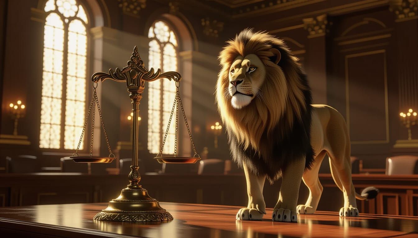 Majestic Lion of Justice in Grand Courtroom