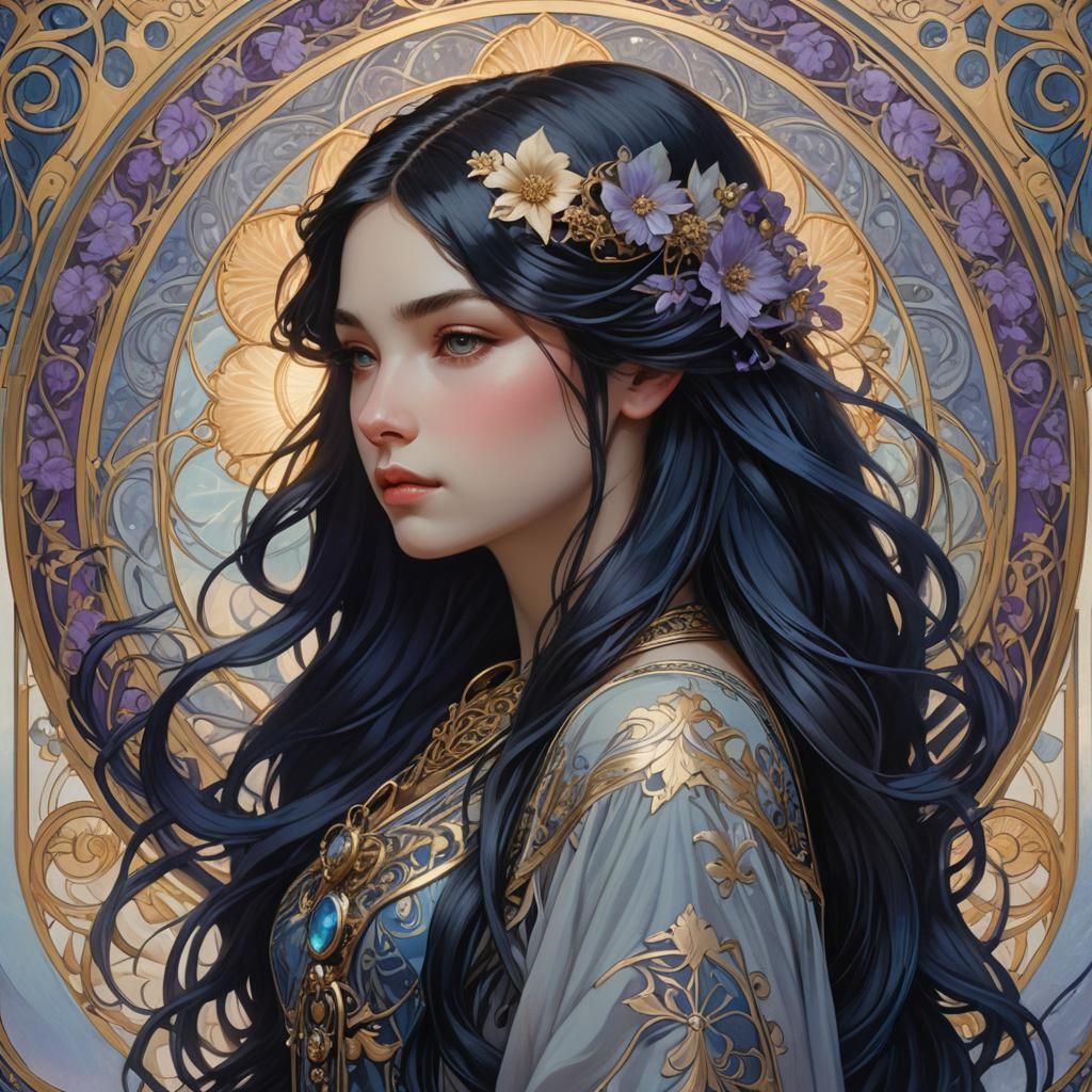 Ethereal Art Nouveau Portrait of Woman with Black Hair