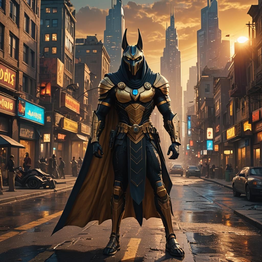 Anubis Superhero in Steampunk Cityscape