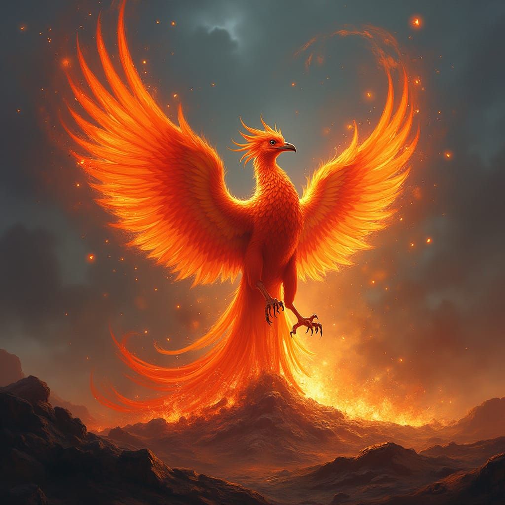 Fiery Phoenix Rising from Embers and Ash