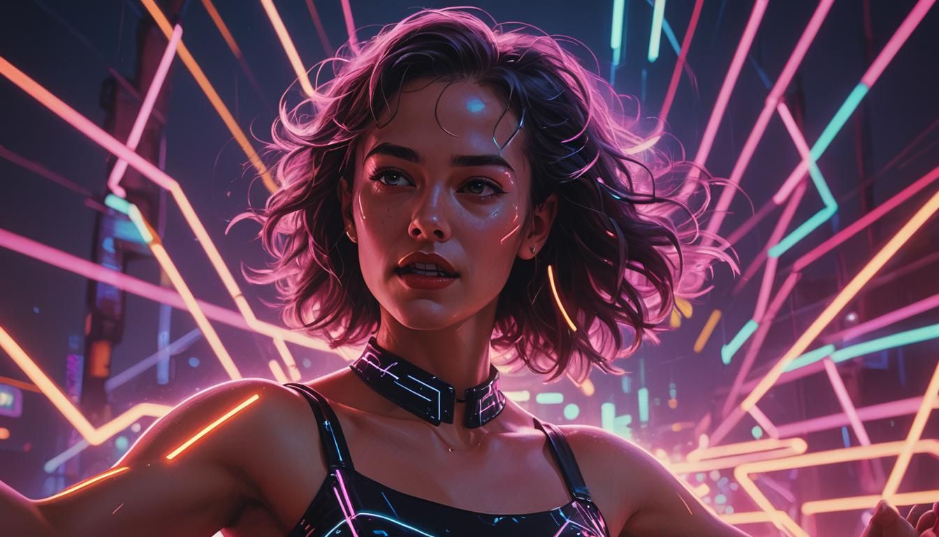Joyful Woman Dancing in Synthwave Neon Retro Style