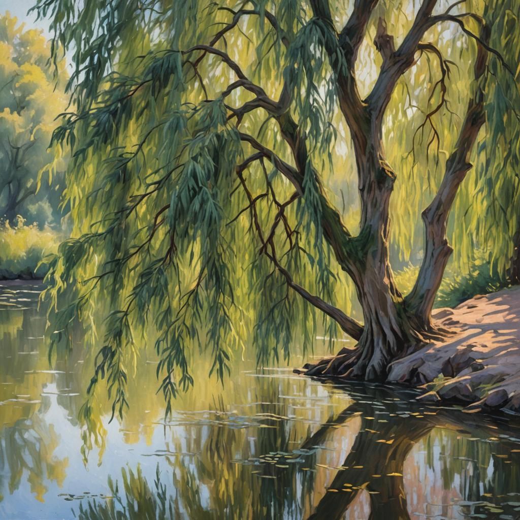 Weeping Willow Tree on Riverbank: Impressionist Oil Painting