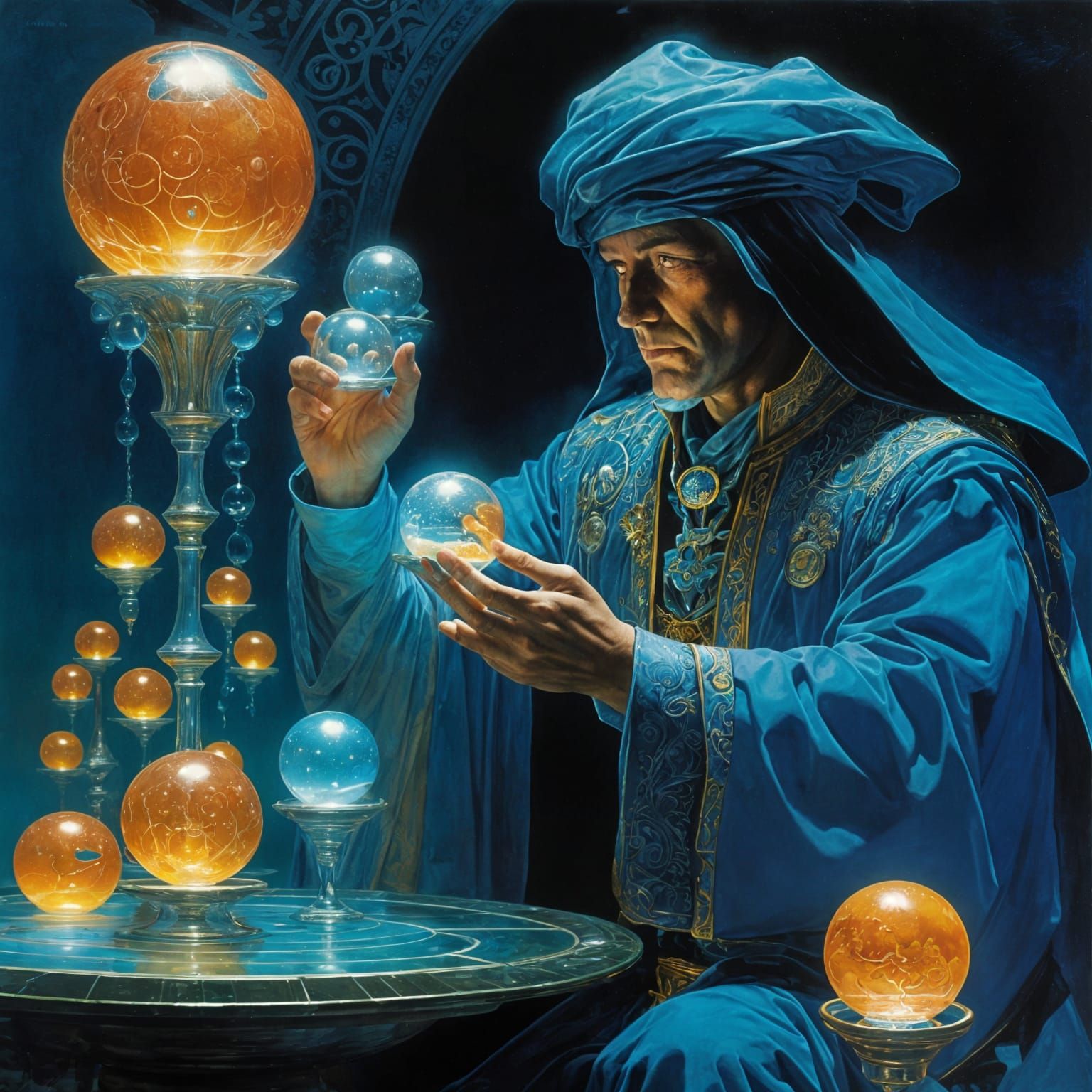 Water blue mage, holding glass glowing spheres, by Richard M...