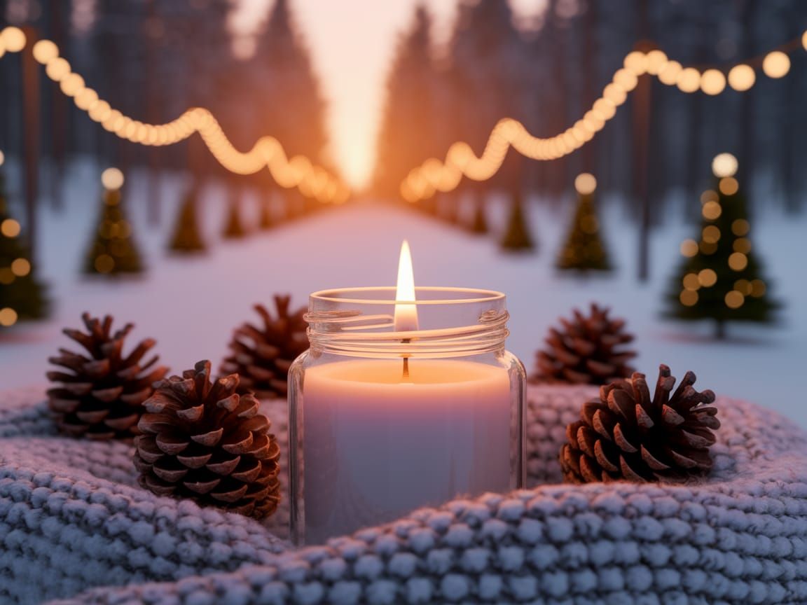 Cozy Winter Scene with Candlelight and Pinecones