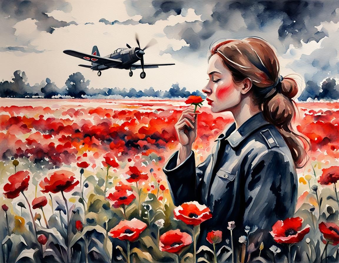 Poignant Flower Field Scene with WWII Aircraft