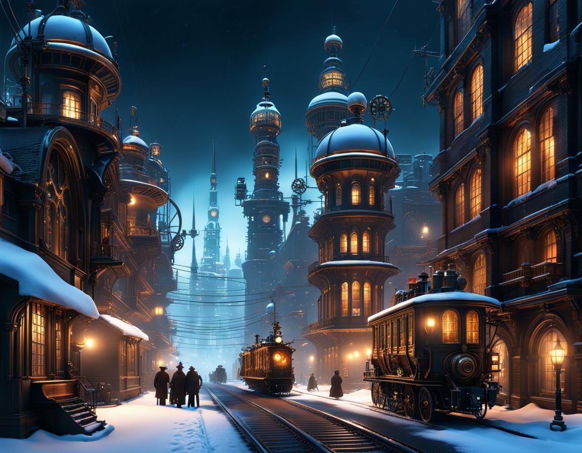 Steampunk Megacity at Night in Winter