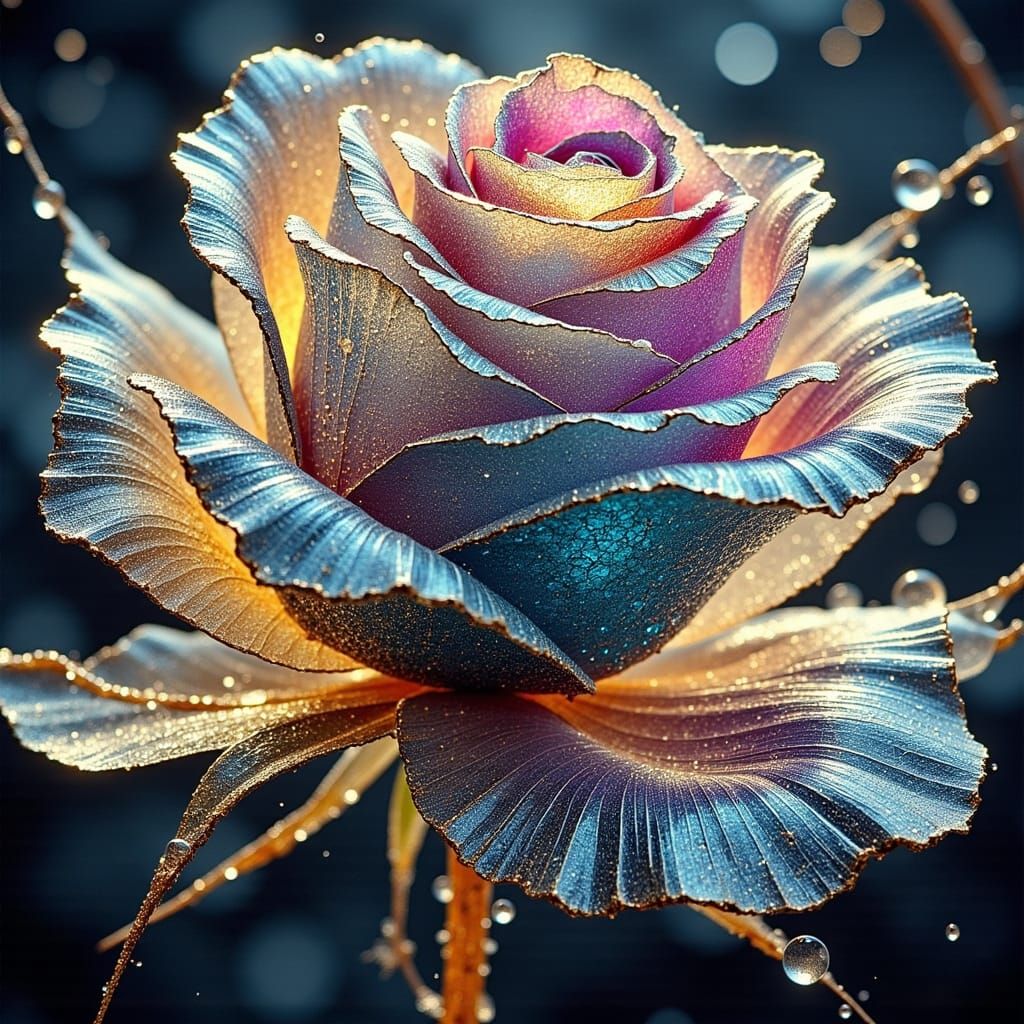 Macro Photo of Dew-Kissed Glass Rose Unfurling