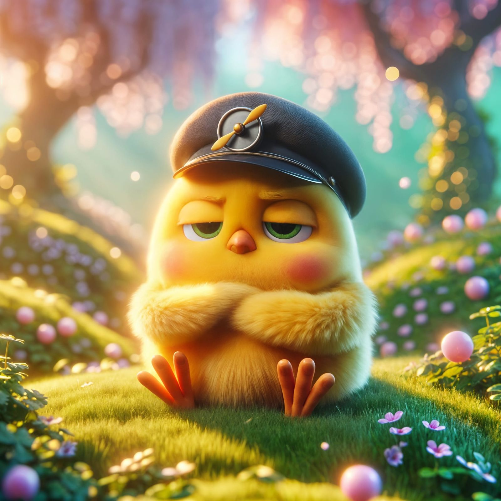 Grumpy Chick with Propeller Cap in Dreamy Sunlight