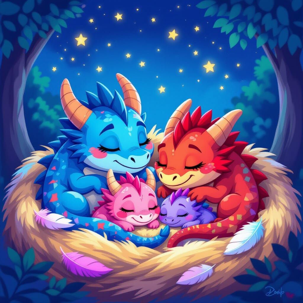 Sleeping Dragons in a Cartoon Style Nest