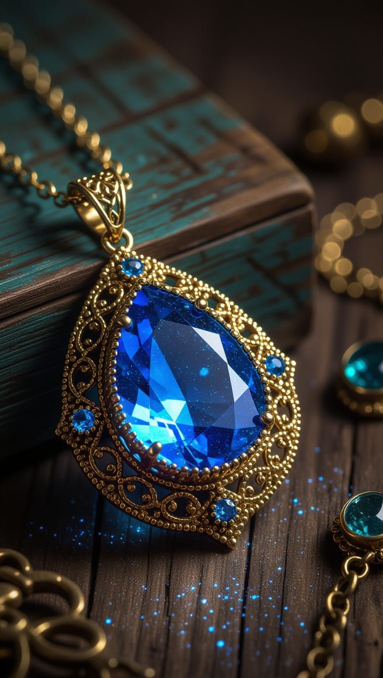Antique Style Teardrop Pendant with Glowing Blue Gemstone