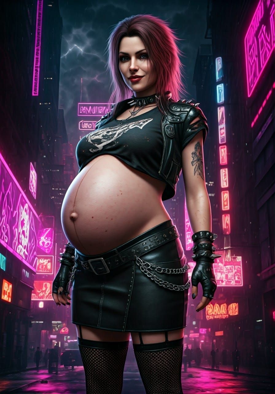 Rebellious Pregnant Woman in Cyberpunk Cityscape