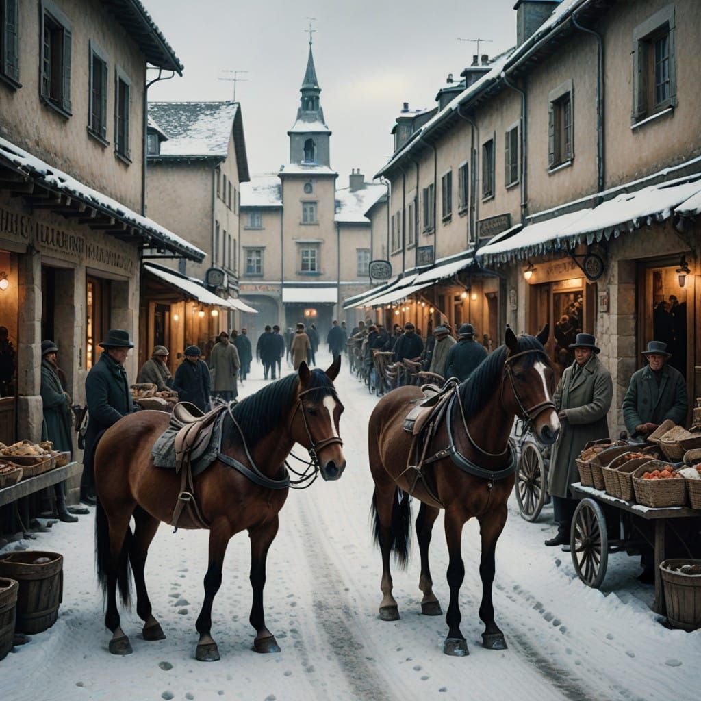 Ethereal French Village Horse Market in Snowy Splendor