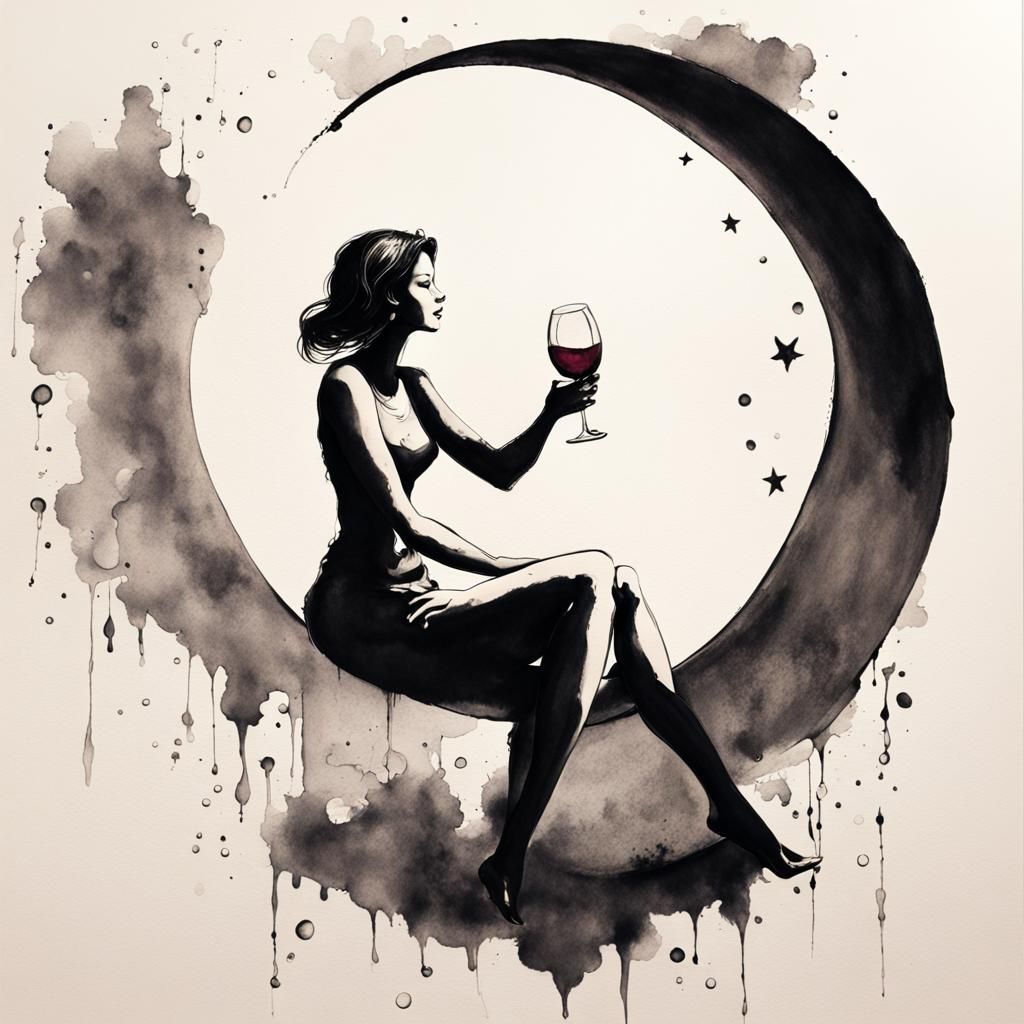 Woman in Moon: Ink Drawing Splash Art