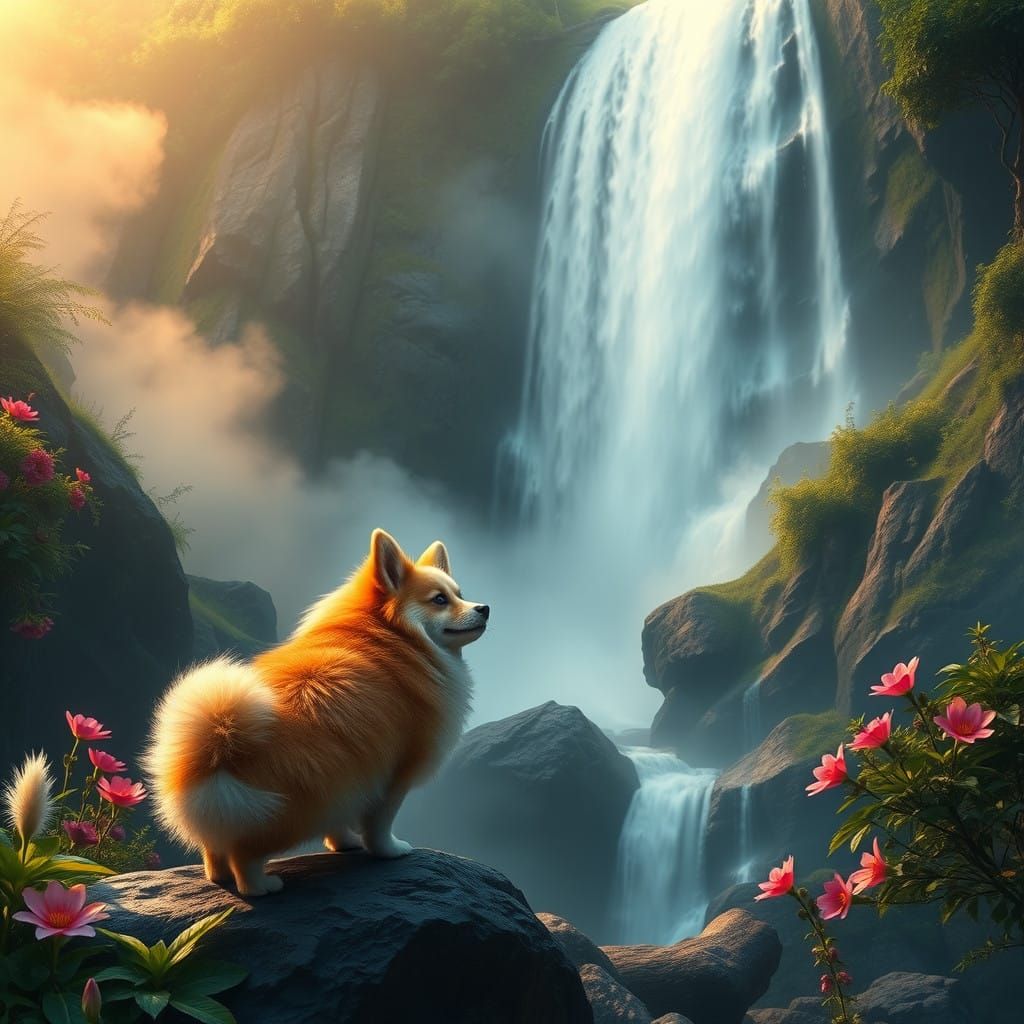 Corgi at Majestic Waterfall in Vibrant Fantasy Landscape