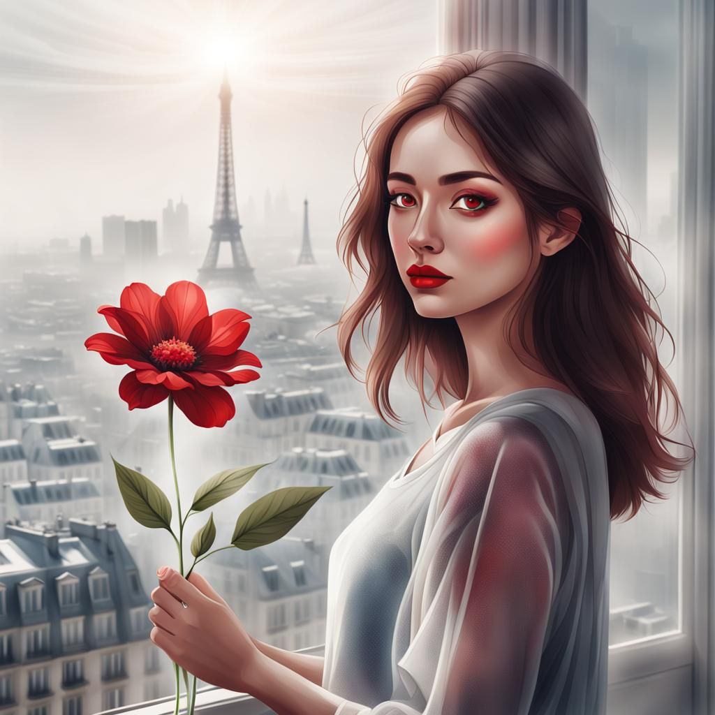 Dreamy Woman with Flower in Foggy Cityscape