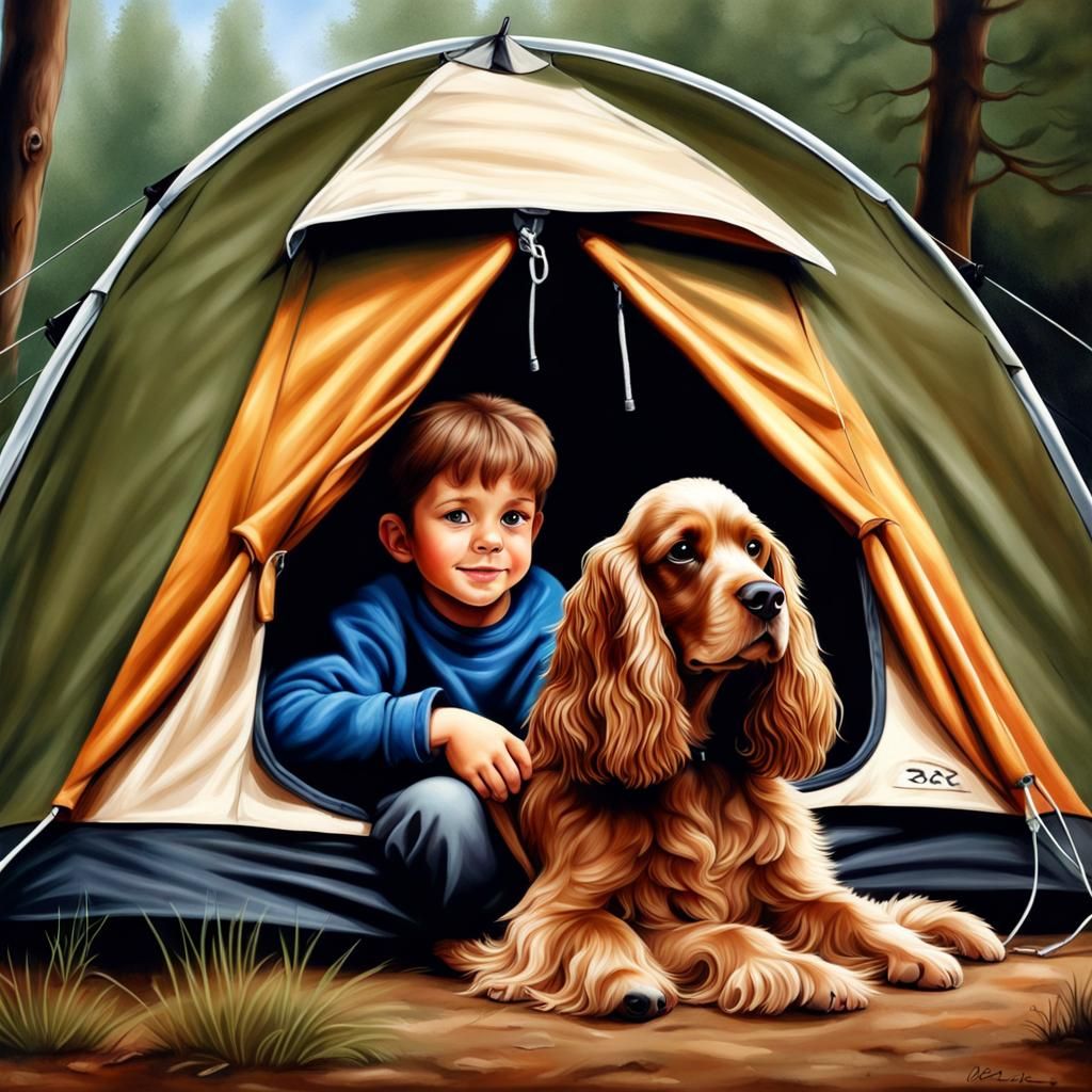 Boy and Cocker Spaniel Camping in Tent