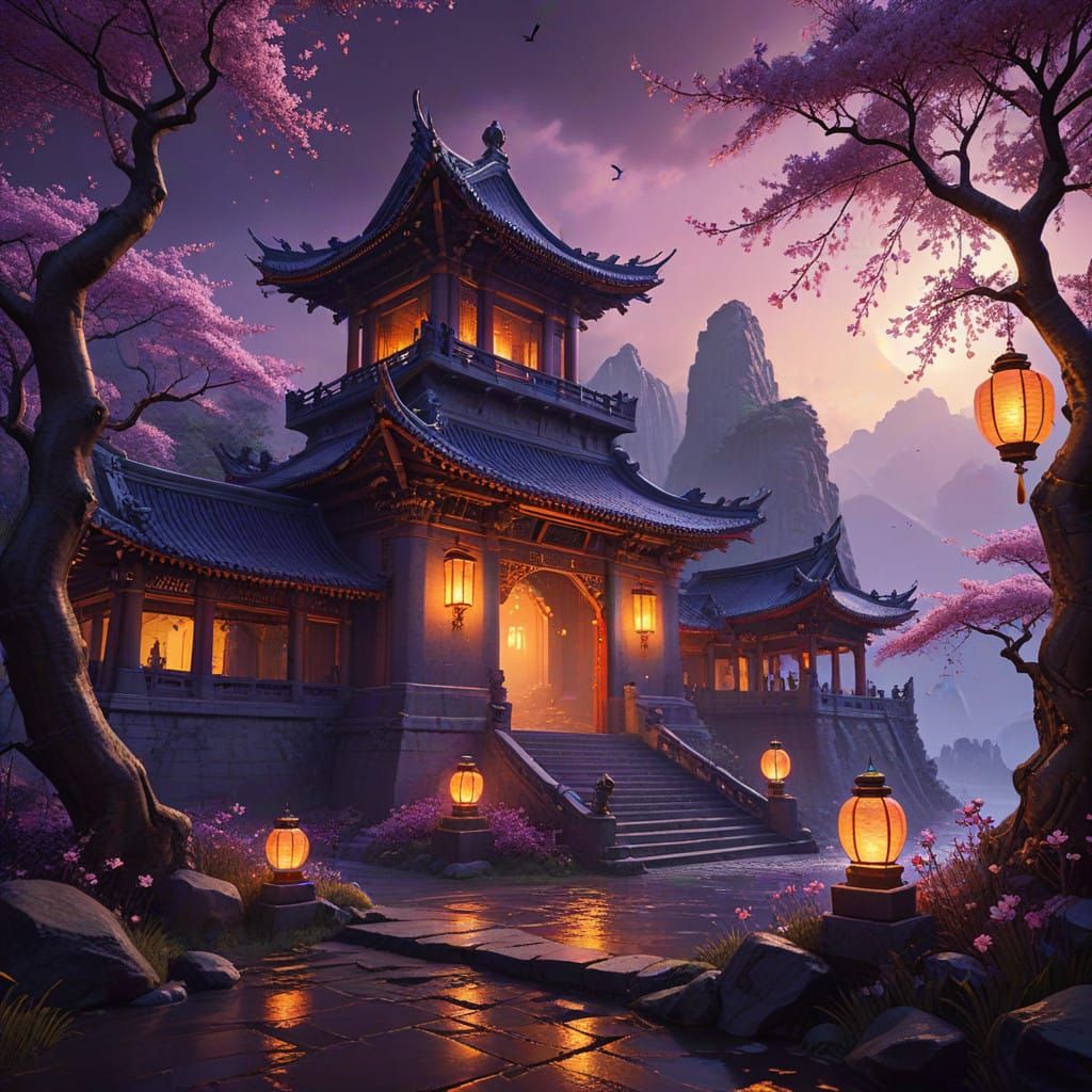Ancient Chinese Ruins Adorned with Cherry Blossoms in Vibran...
